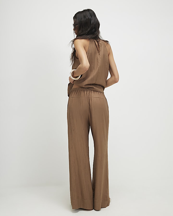 Beige Textured Wide Leg Trousers