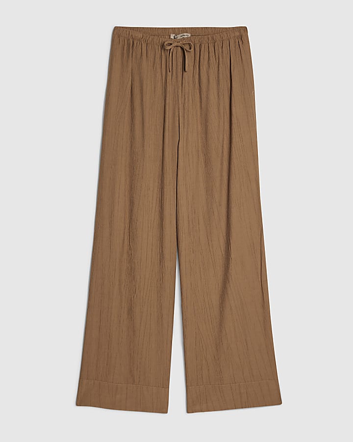 Beige Textured Wide Leg Trousers
