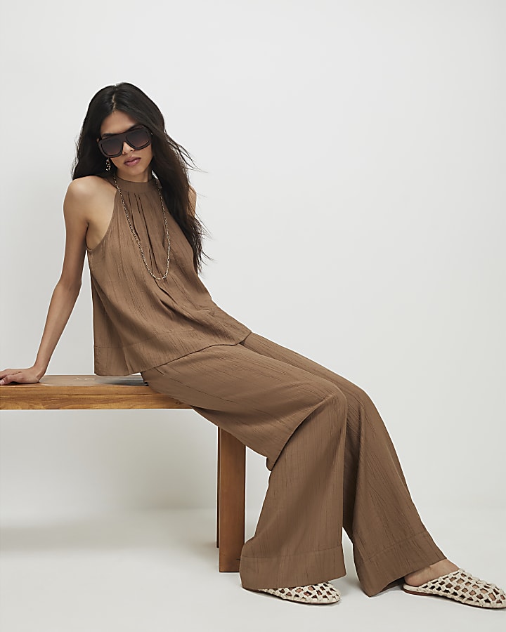 Beige Textured Wide Leg Trousers