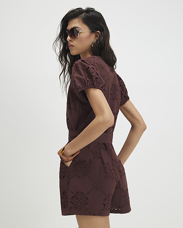 Brown Cutwork Poplin Playsuit