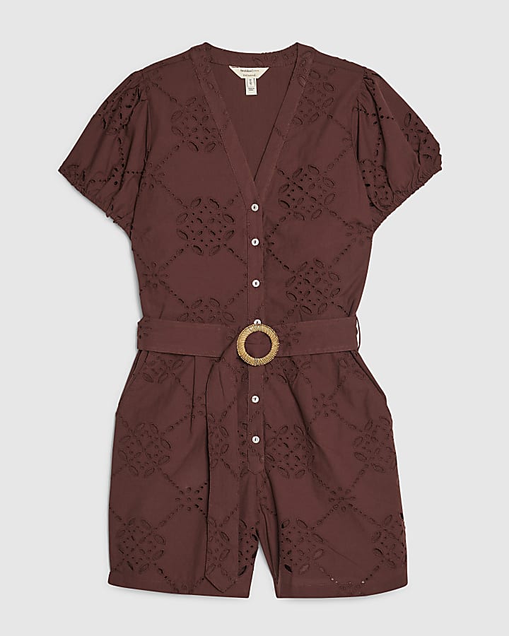 Brown Cutwork Poplin Playsuit