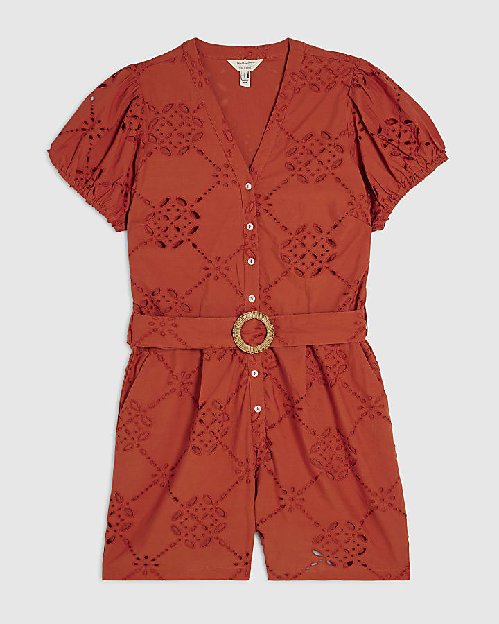 Orange Poplin Broderie Cutwork Playsuit