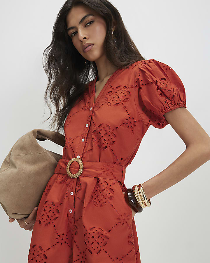 Orange Poplin Broderie Playsuit