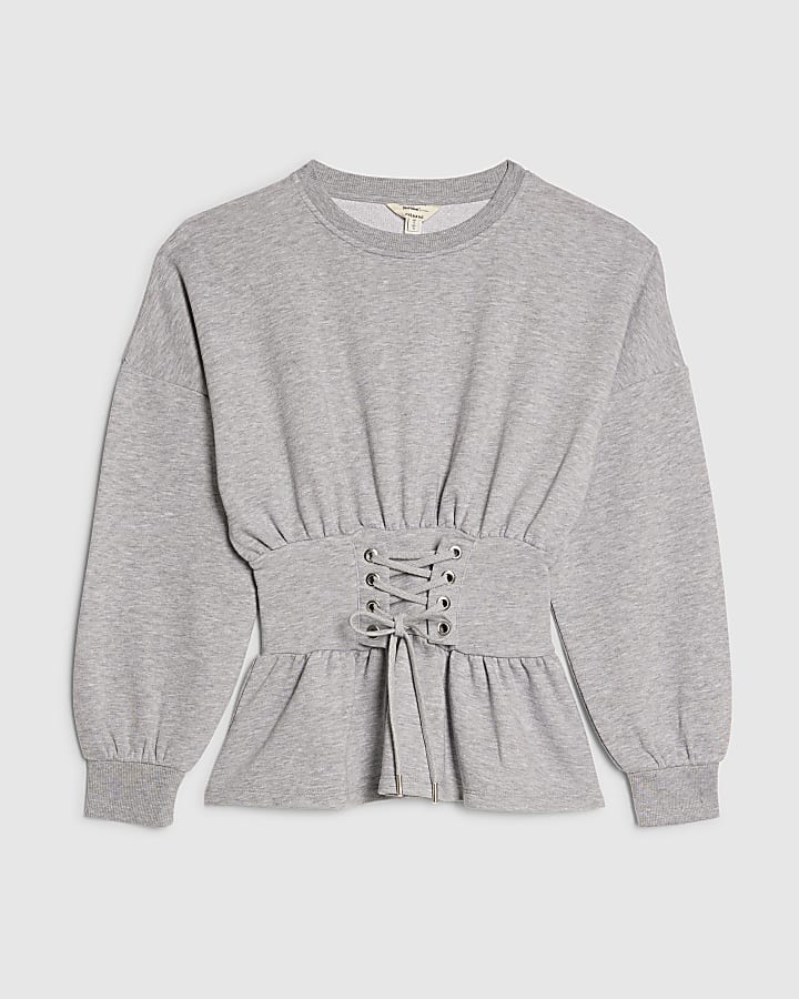Grey Lace Up Waist Sweatshirt