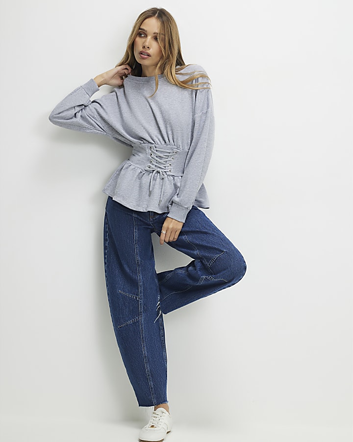 Grey Lace Up Waist Sweatshirt