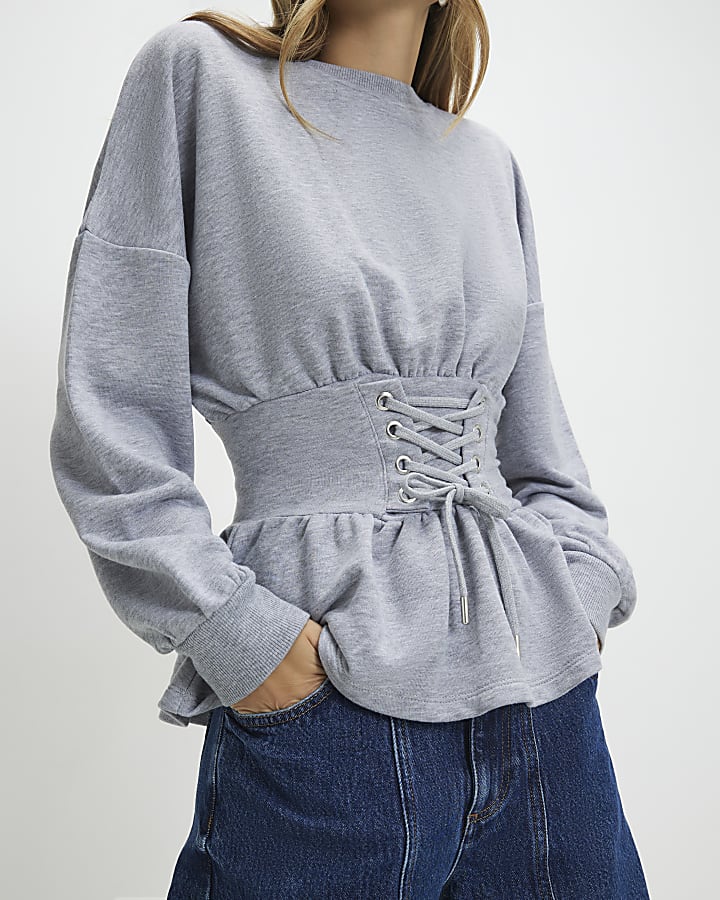 Grey Lace Up Waist Sweatshirt