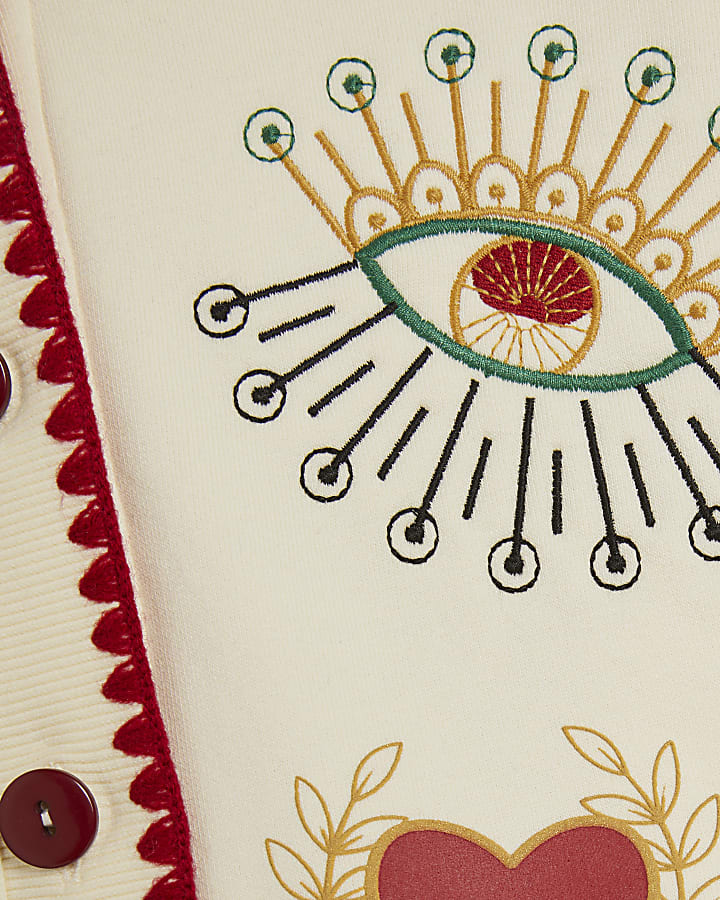 Cream Long Sleeve Embroidered Sweat Cardigan