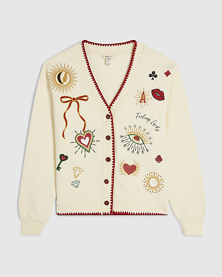 Cream Long Sleeve Embroidered Sweat Cardigan