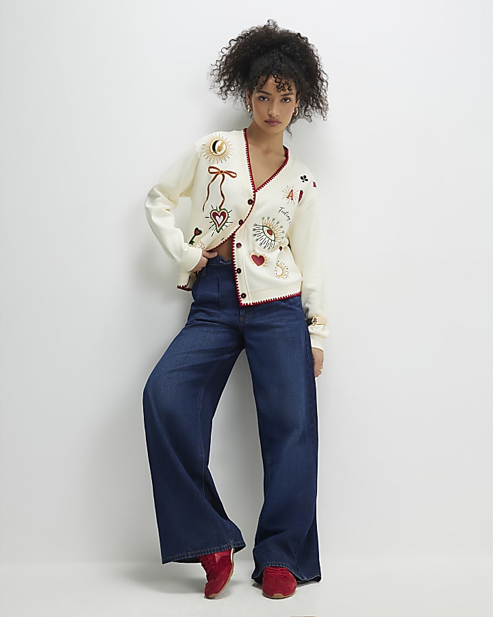 Cream Long Sleeve Embroidered Cardigan