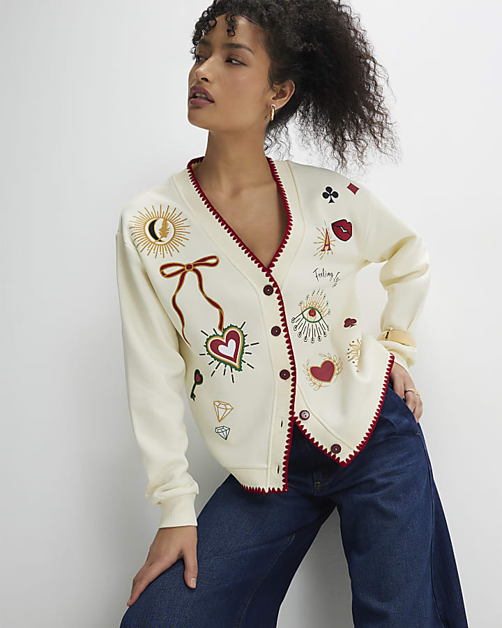 Cream Long Sleeve Embroidered Cardigan