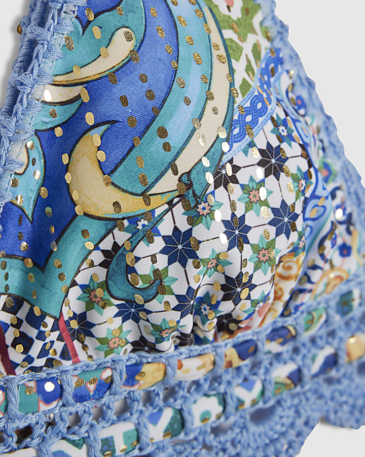Blue Abstract Print Crochet Bikini Top