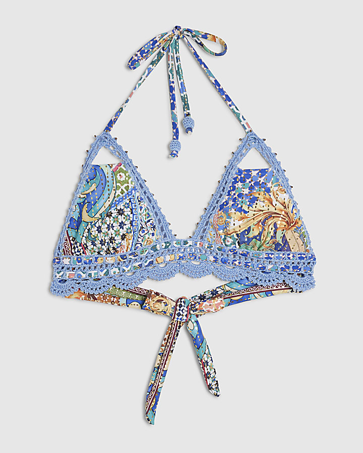 Blue Abstract Print Crochet Bikini Top