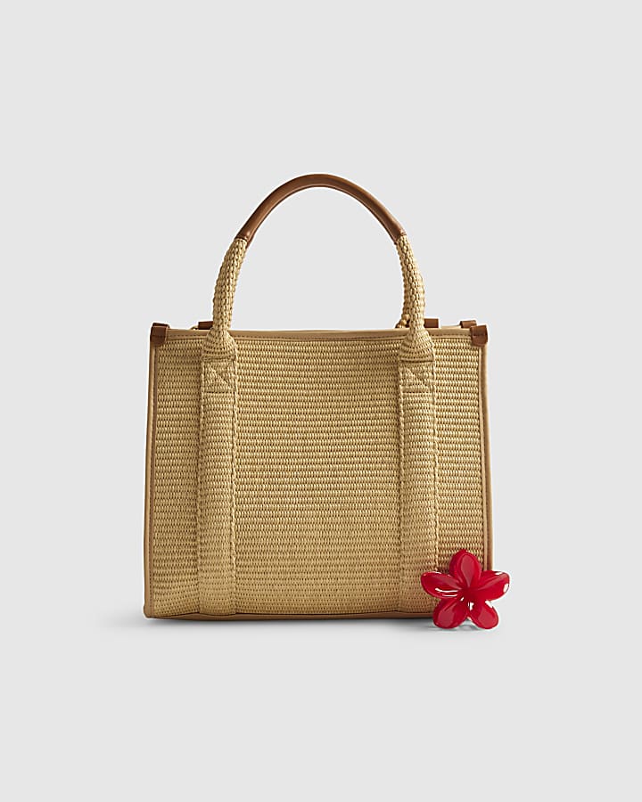 Beige Floral Embroidery Raffia Tote Bag