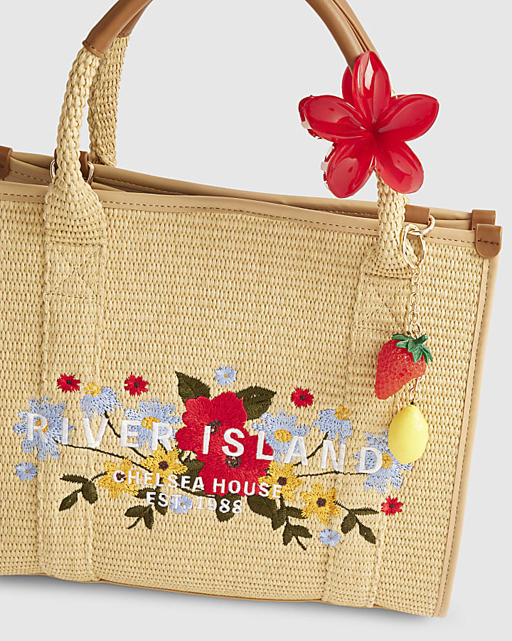 Beige Floral Embroidery Raffia Tote Bag