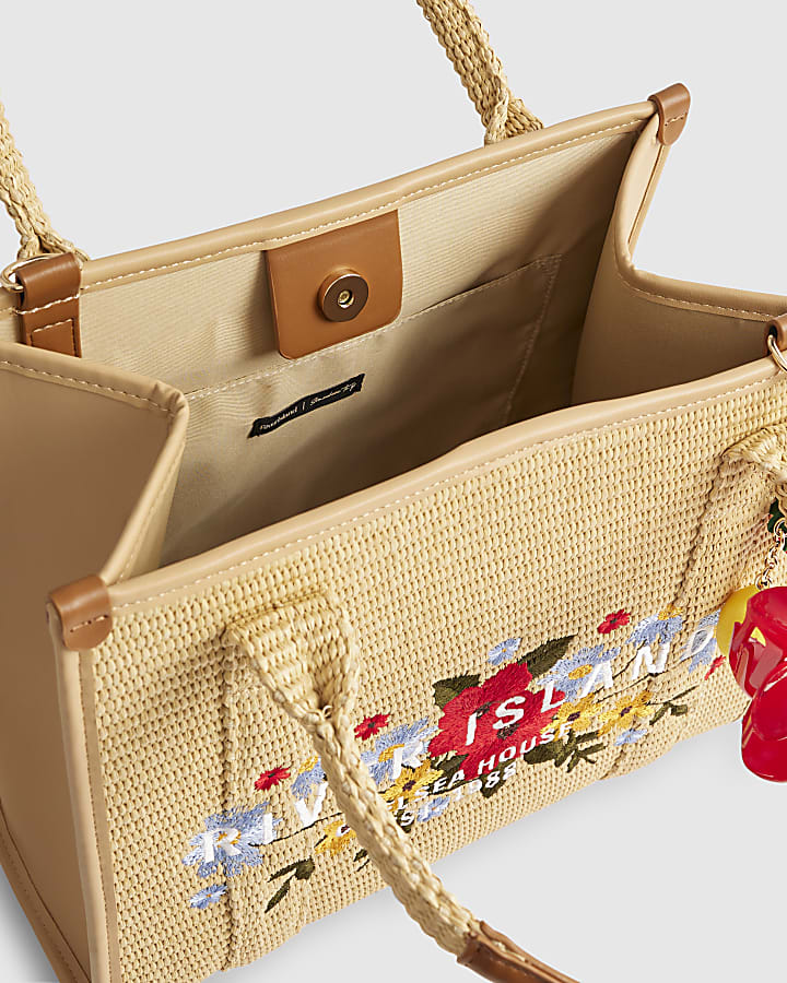 Beige Floral Embroidery Raffia Tote Bag
