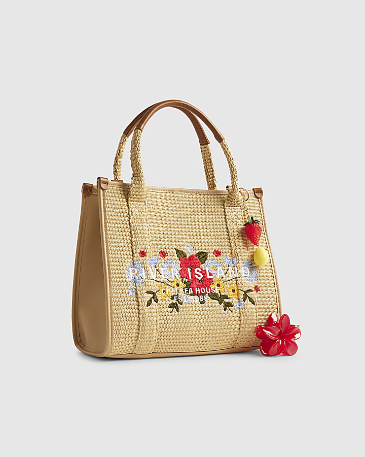 Beige Floral Embroidery Raffia Tote Bag
