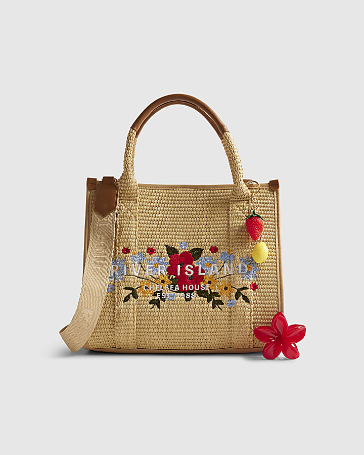 Beige Floral Embroidery Raffia Tote Bag