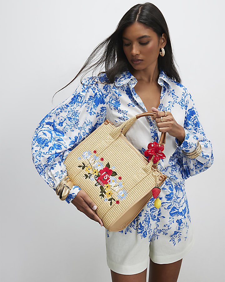 Beige Floral Embroidery Raffia Tote Bag