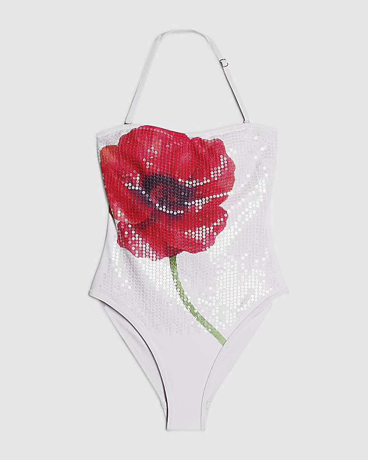White Floral Sequin Swimsuit