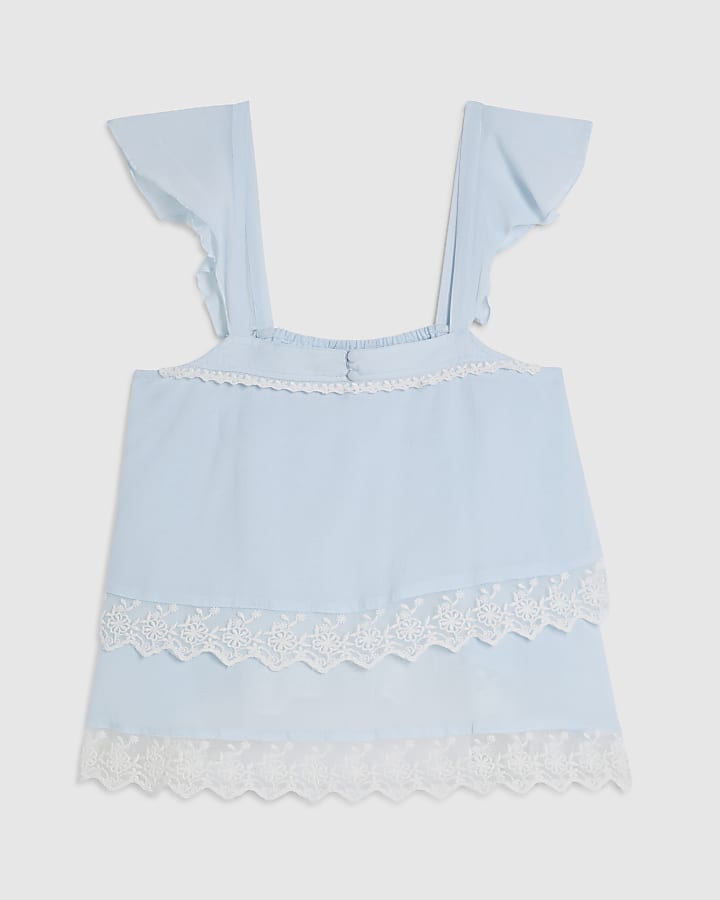 Blue Sleeveless Lace Trim Tiered Cami Top