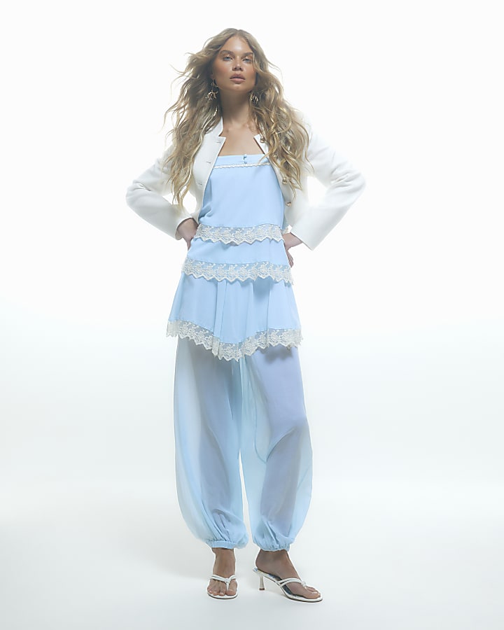 Blue Sleeveless Lace Trim Tiered Cami Top