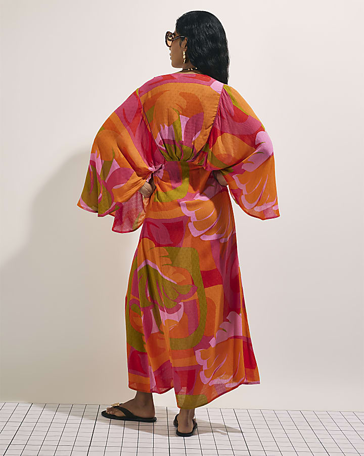 Pink Leaf Print Kaftan Dress