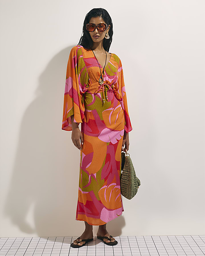 Pink Leaf Print Kaftan Dress