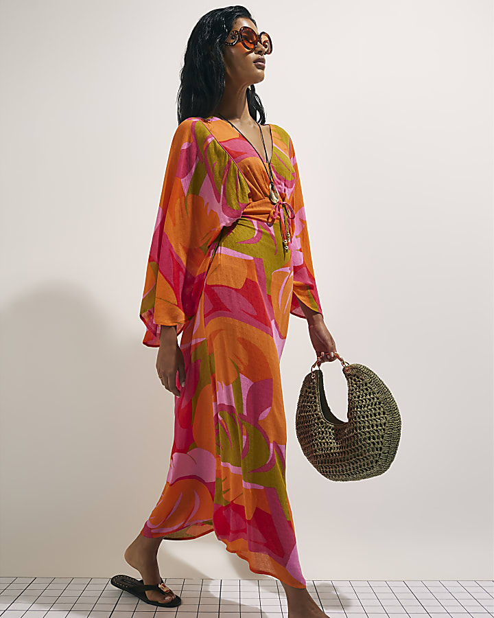 Pink Leaf Print Kaftan Dress