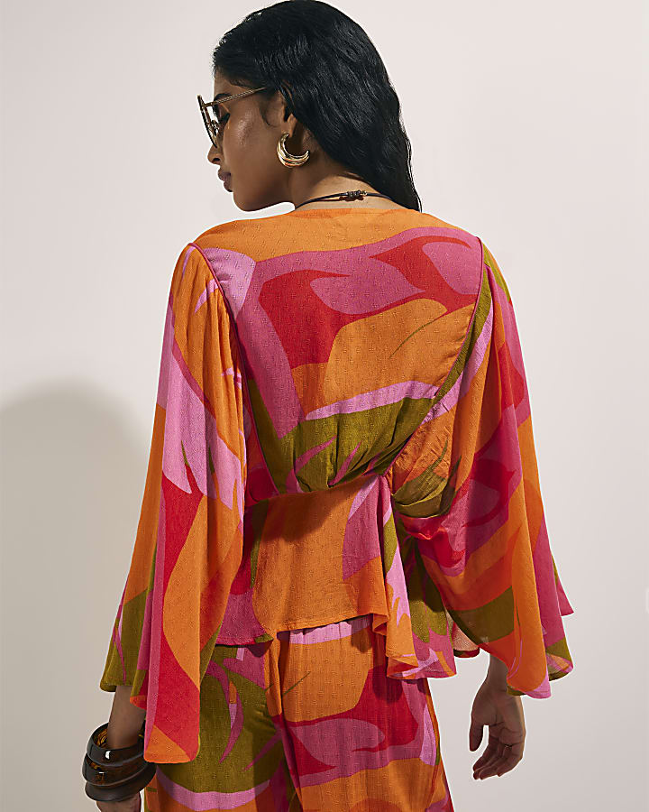 Pink Leaf Print Kaftan Top