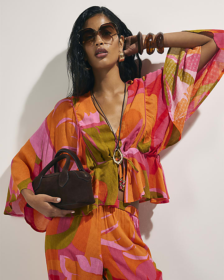 Pink Leaf Print Kaftan Top