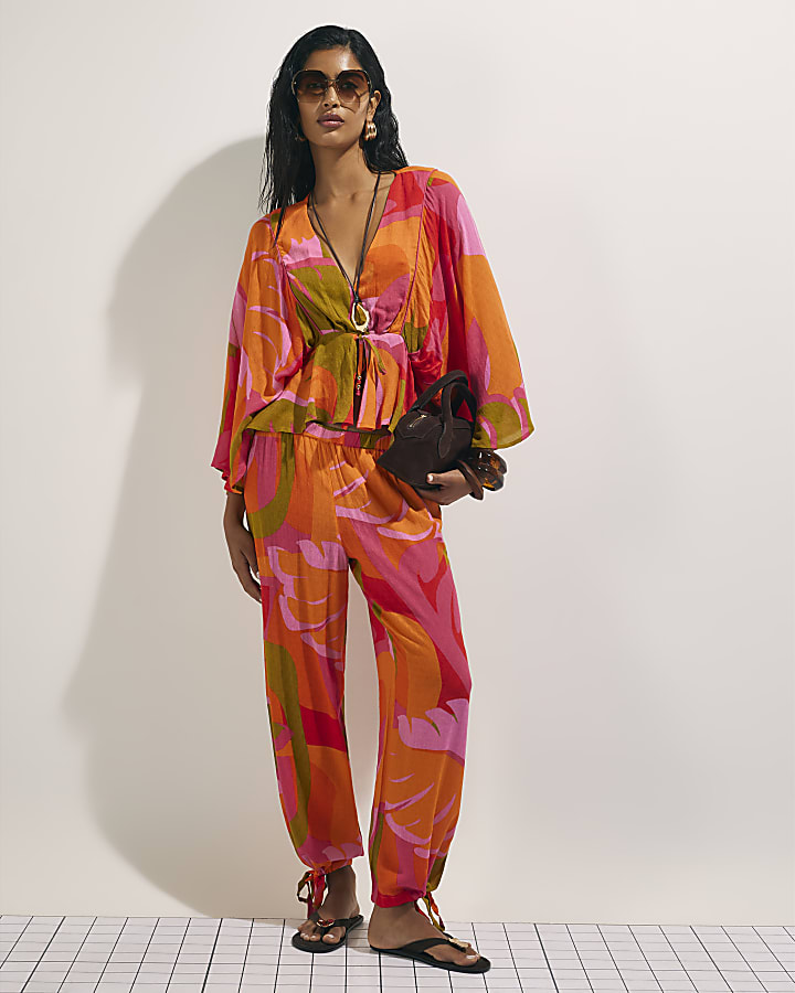 Pink Leaf Print Kaftan Top