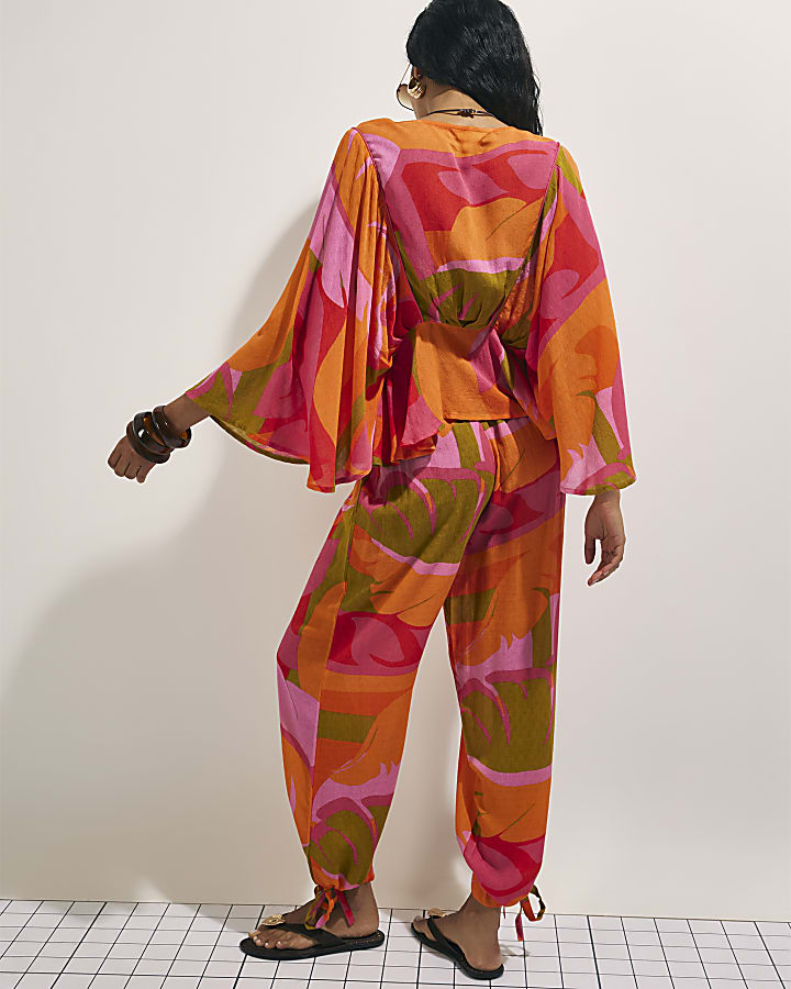 Pink Leaf Print Balloon Leg Trousers