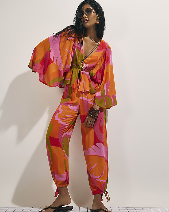 Pink Leaf Print Balloon Leg Trousers