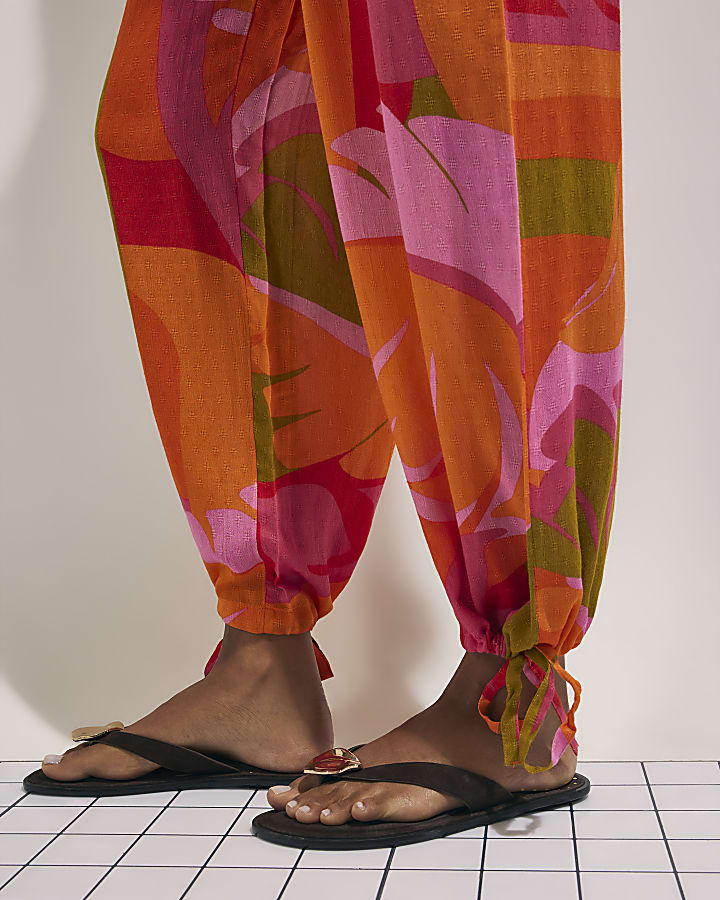 Pink Leaf Print Balloon Leg Trousers