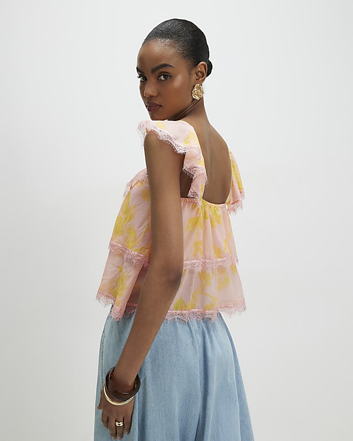 Orange Lace Trim Tiered Cami Top