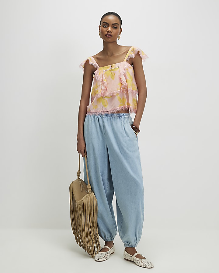 Orange Lace Trim Tiered Cami Top