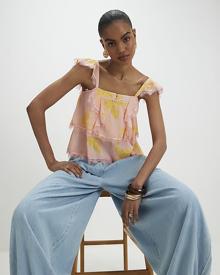 Orange Lace Trim Tiered Cami Top