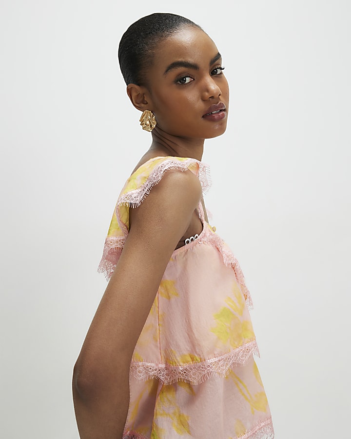 Orange Lace Trim Tiered Cami Top