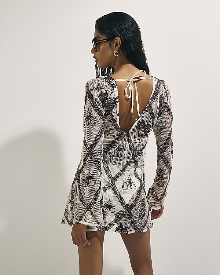 Cream Crochet Embroidered Mini Beach Dress
