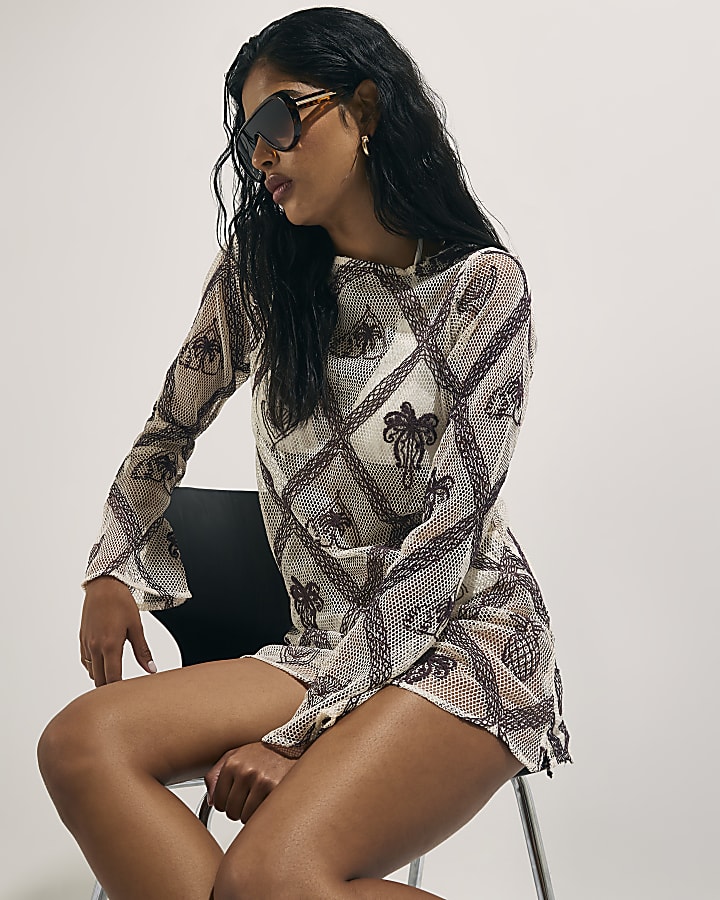 Cream Crochet Embroidered Mini Beach Dress