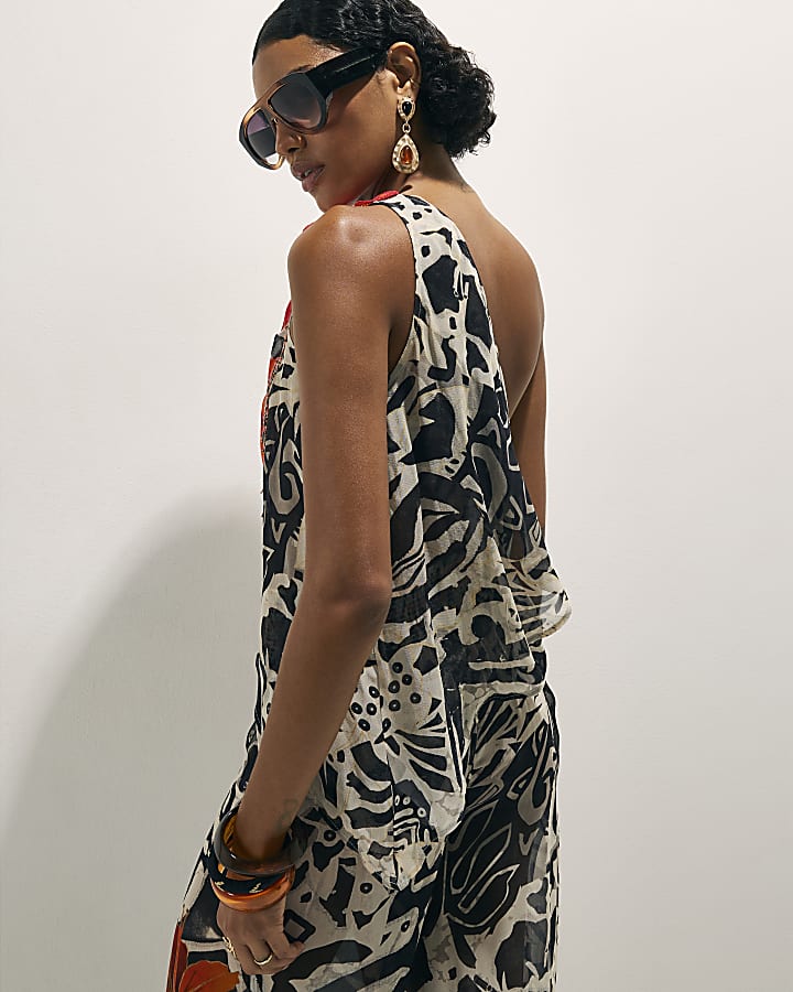 Black Asymmetric Crochet Flower Top