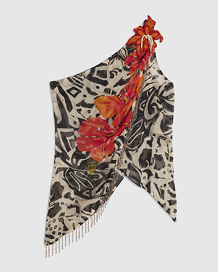 Black Asymmetric Crochet Flower Top