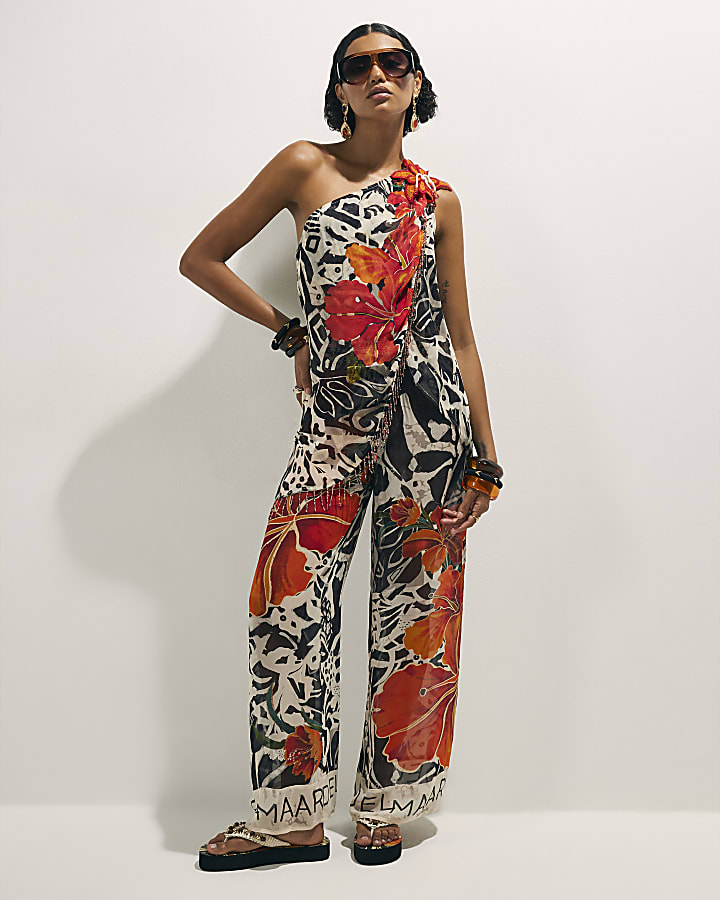 Black Asymmetric Crochet Flower Top