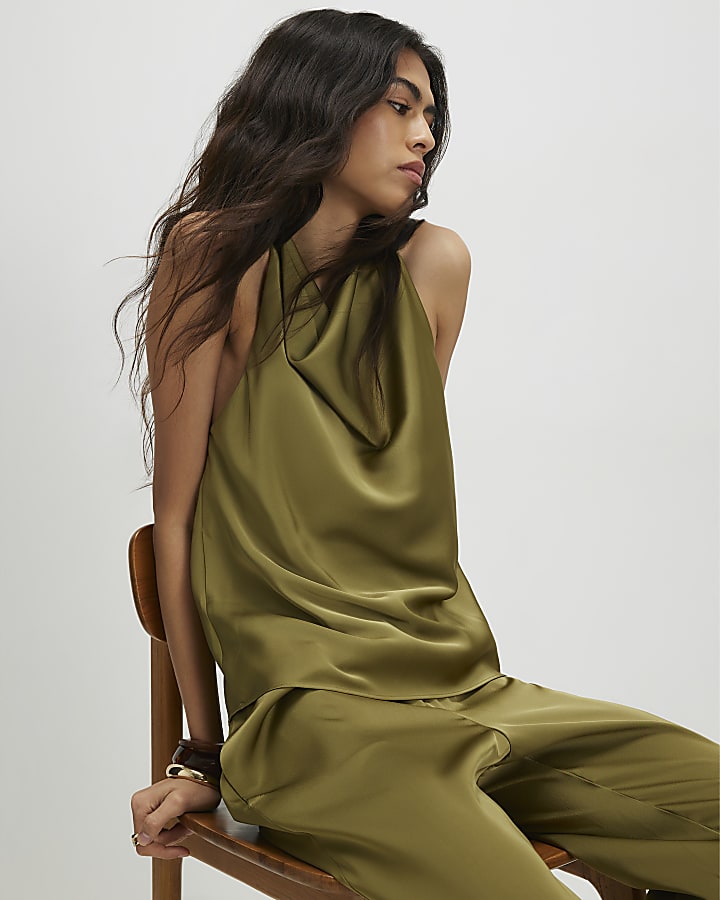 Khaki Satin Halter Top