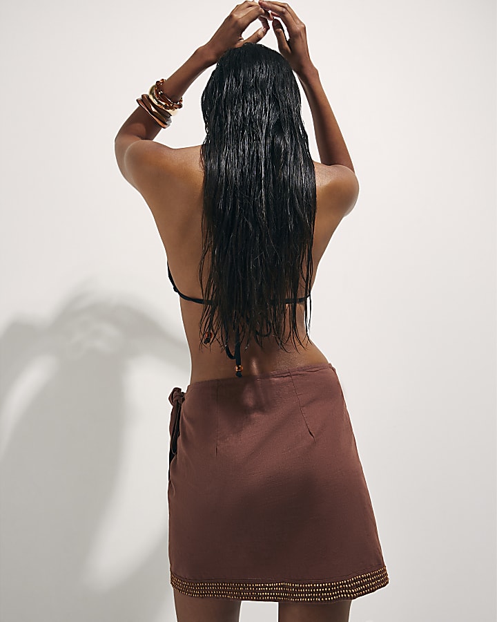 Brown Beaded Mini Skirt