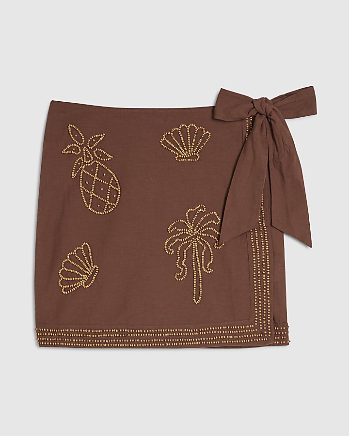 Brown Beaded Mini Skirt