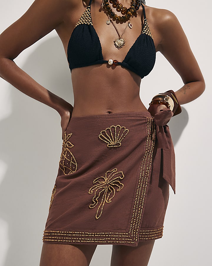Brown Beaded Mini Skirt