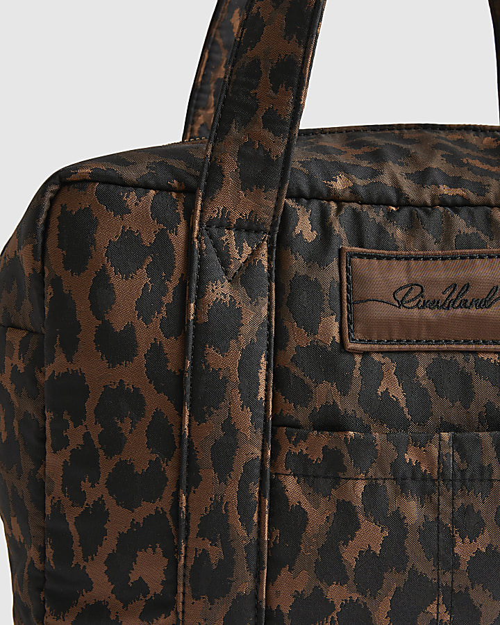 Brown Leopard Jacquard Canvas Holdall Bag