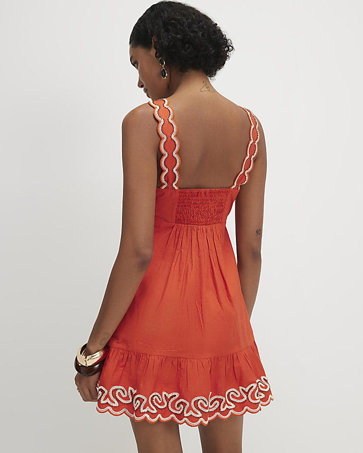 Orange Cotton Embroidered Beaded Mini Dress