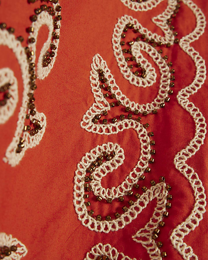 Orange Cotton Embroidered Beaded Mini Dress